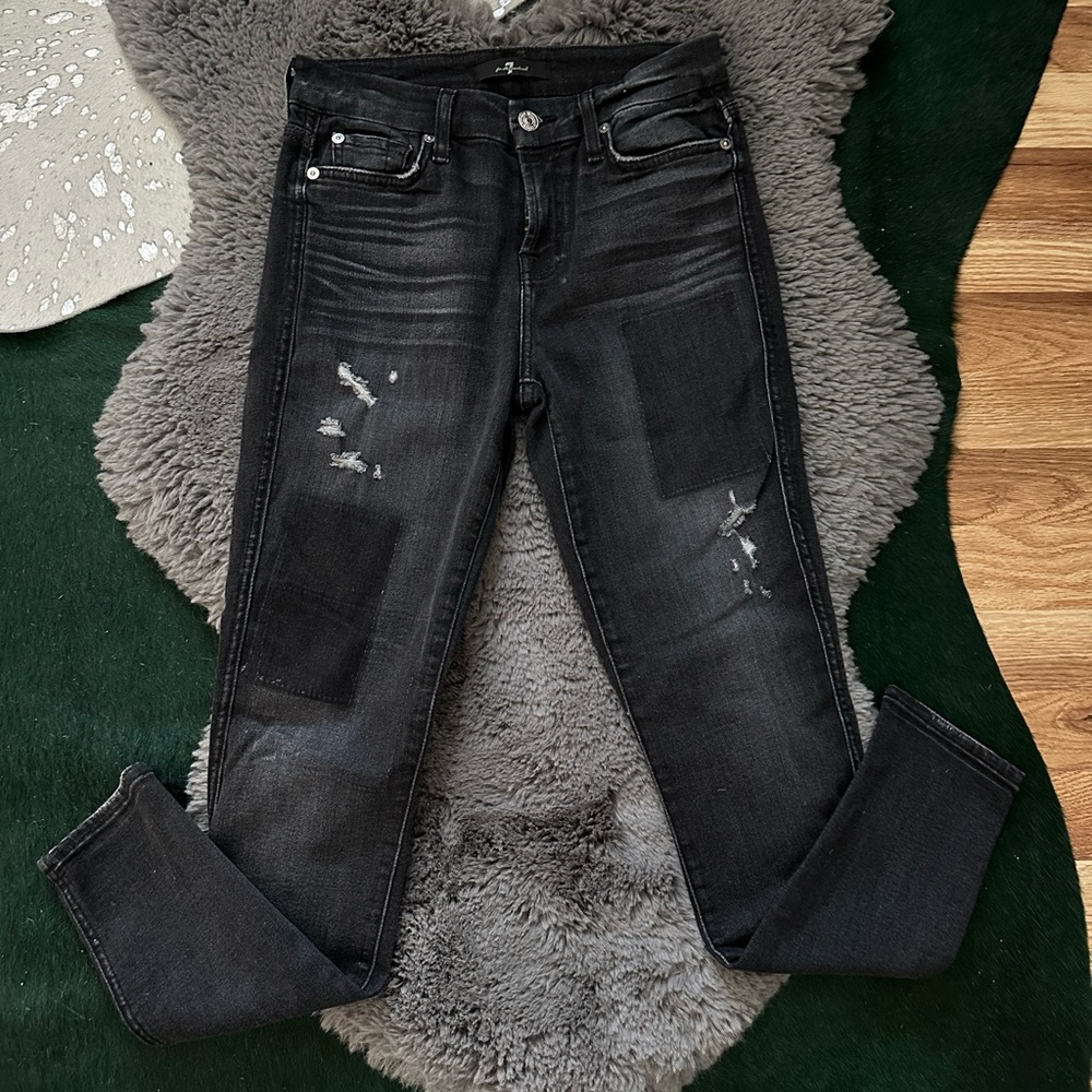 7 For All Mankind The Skinny Distressed Black Washed Jeans